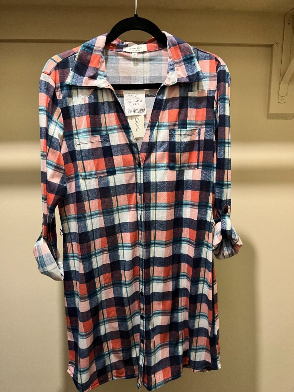 NWT Urban Girl XL Plaid Roll-Tab Button-Front Tunic Shirt Dress